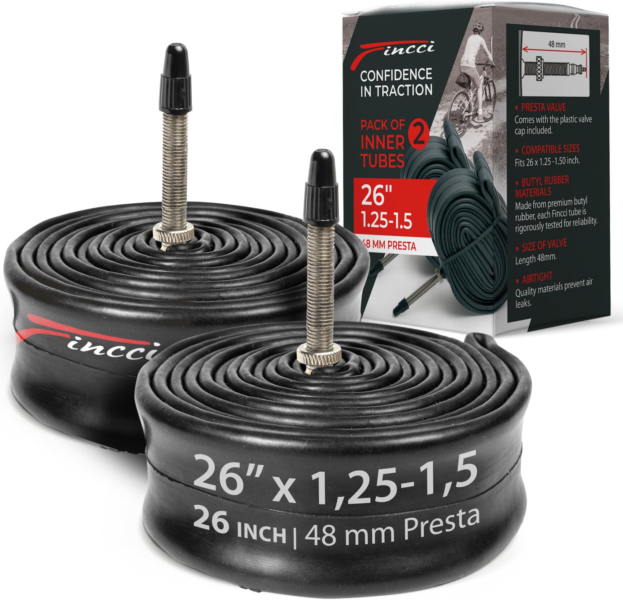Fincci Inner Tubes 26 inch - Pair MTB Bike inner Tube 26 x 1.25 x 1.35 x 1.45 x 1.5 with 48 mm Presta Valve - For Cycle on Mountain, Road, Hybrid, Folding, Electric Bicycles - Pack of 2 accessories