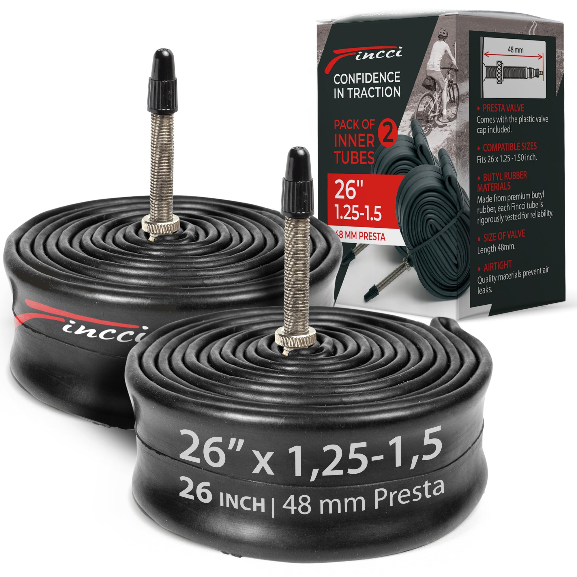 Fincci Inner Tubes 26 inch - Pair MTB Bike inner Tube 26 x 1.25 x 1.35 x 1.45 x 1.5 with 48 mm Presta Valve - For Cycle on Mountain, Road, Hybrid, Folding, Electric Bicycles - Pack of 2 accessories