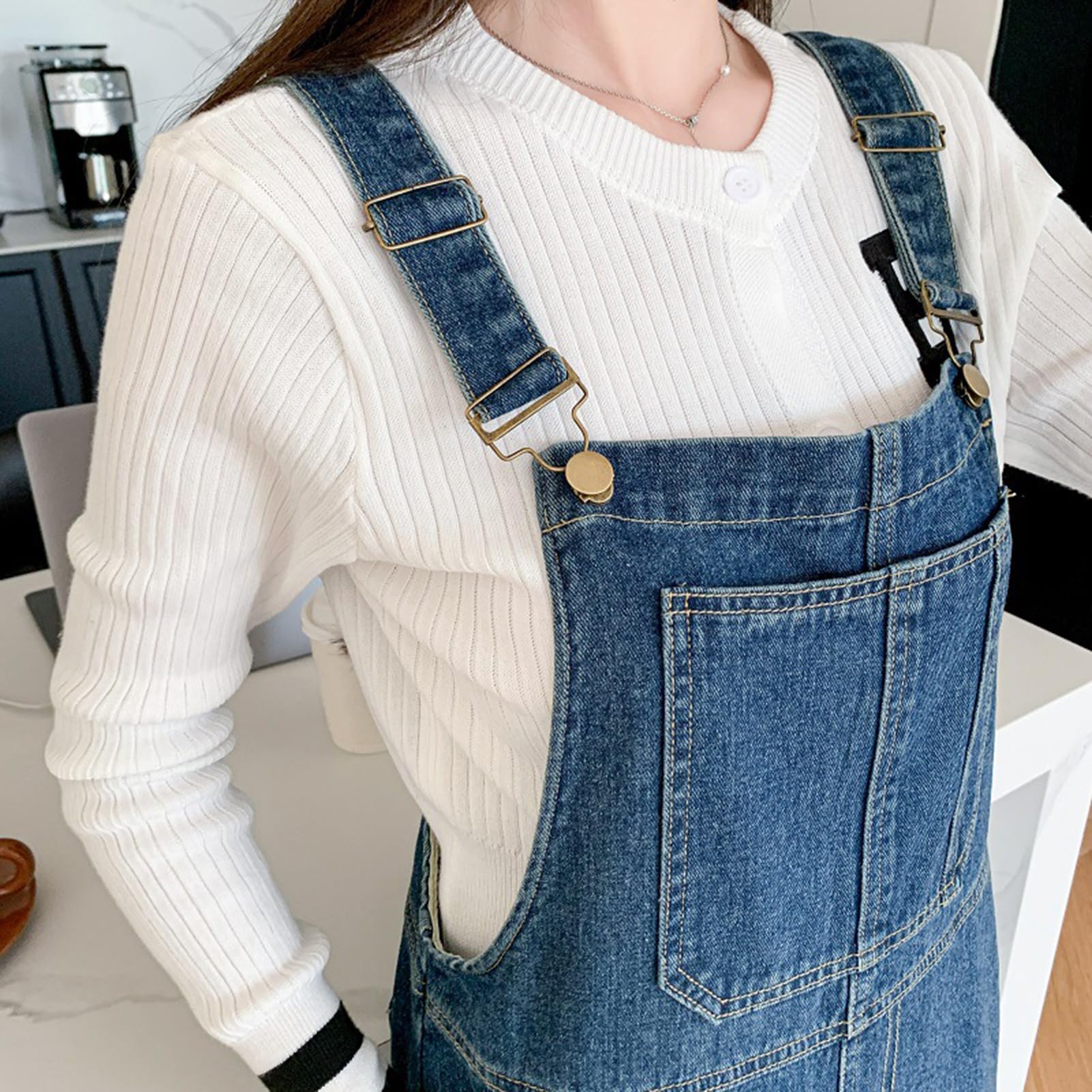 Vestito Salopette di Jeans Donna Mid Lunga Senza Maniche Denim Vestiti Overall con Tasche
