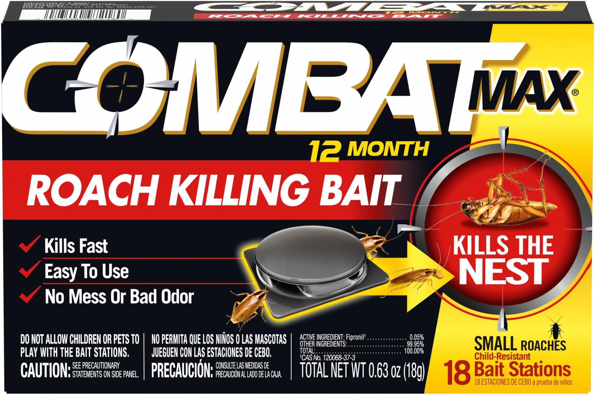Combat Max 12 Month Roach Killing Bait Station, Small , 18 Count, Black, Pack of 1