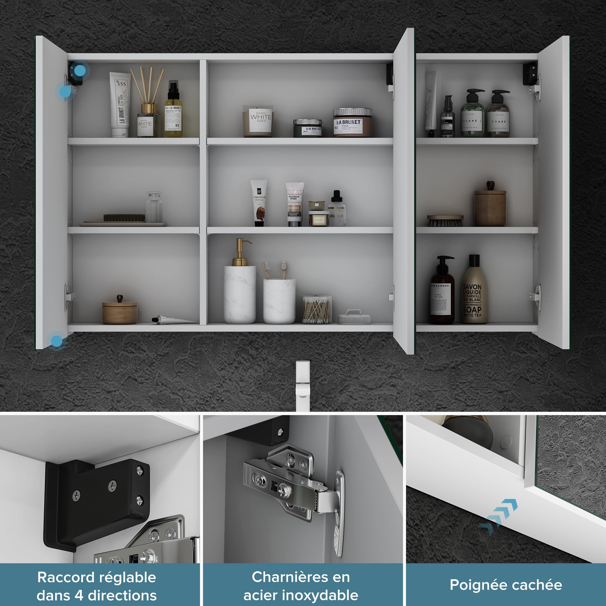 Sogood doporro Armoire Murale Salle de Bains avec Miroir 120x15x70cm | Placard de Rangement, Étagères Réglables, Blanc Mat, en Bois, Spiegelschrank02