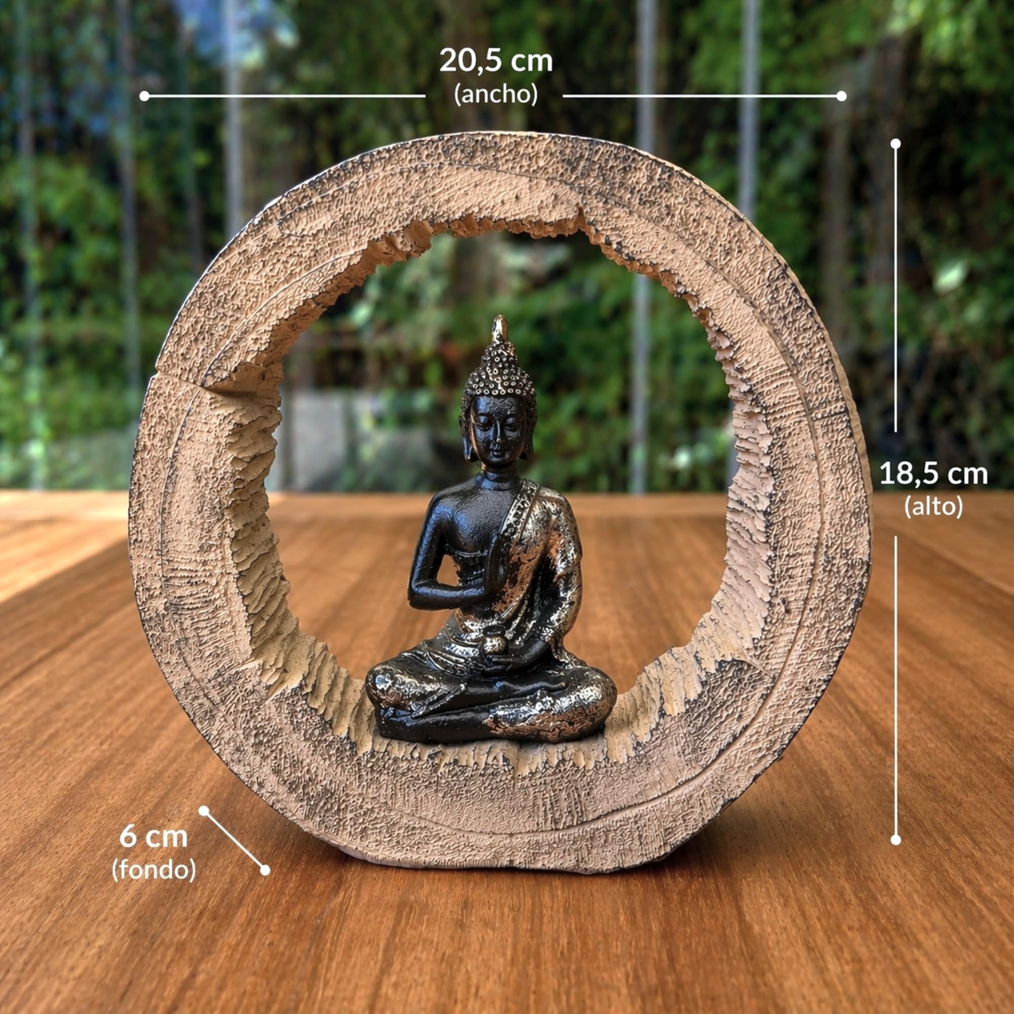 Set de 2 Figuras Decorativas Buda con Marco Circular – Escultura Zen de Diseño Natural en Madera y Resina, Adorno Elegante para Salón, Estantería o Recibidor