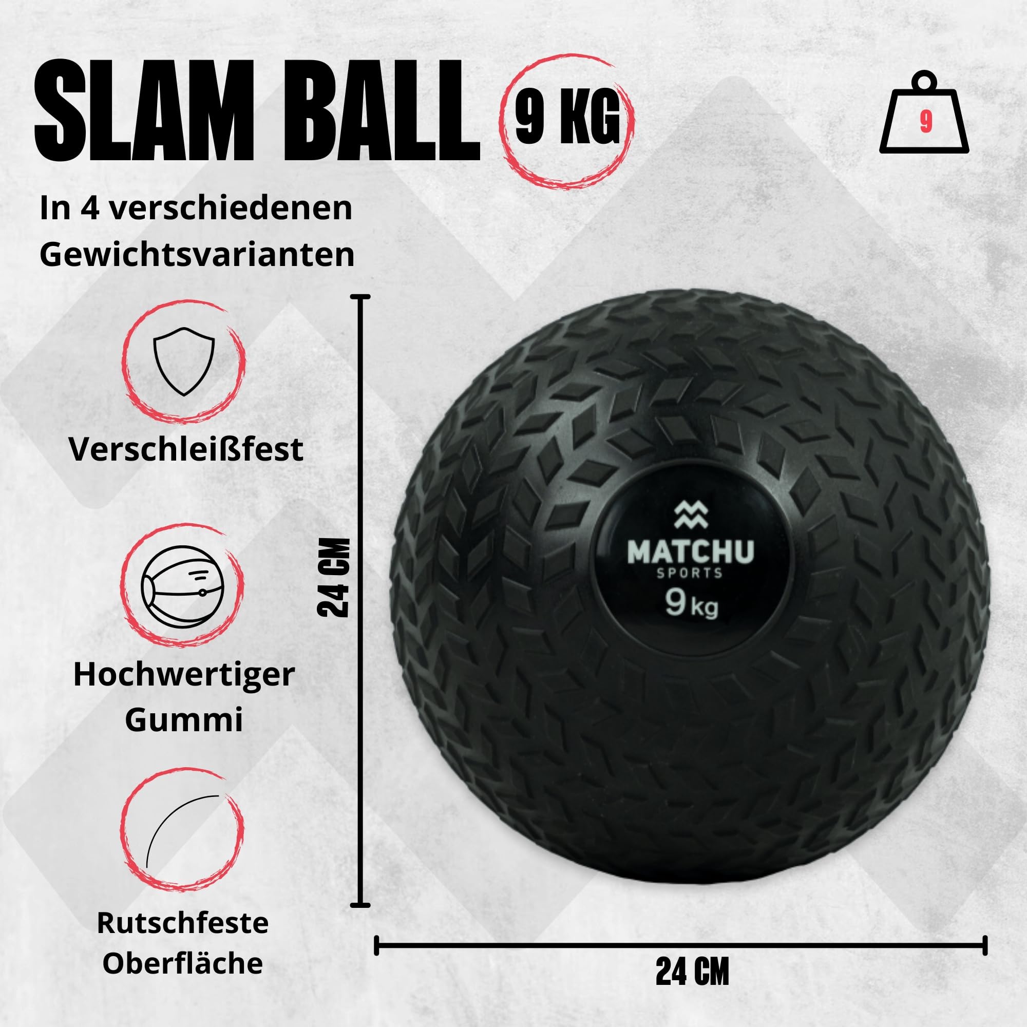 Matchu – Slam Ball - Erhältlich in 3,6,9 und 12 KG - Extra Grip - Wasserdicht - Robustes Design – Schwarz