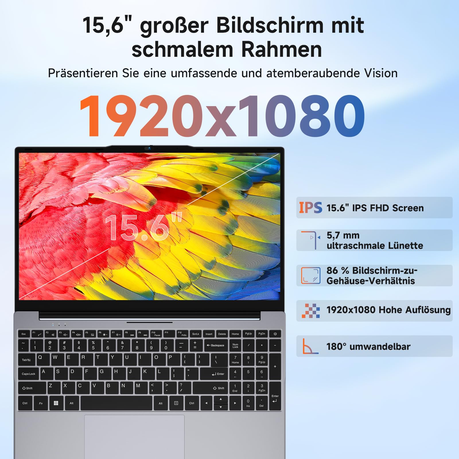 BMAX Laptop 15.6" Full HD Display Intel N95 bis zu 3.4GHz 16GB RAM 512GB SSD Win 11 Notebook Computer USB 3.2x2, WiFi, BT5.0, 180° Öffnen und Schließen, Business, Deutsche Tastaturschutzfolie
