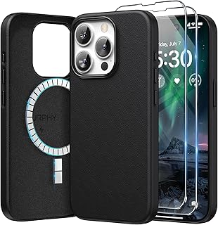 SURPHY Magnetic Leather for iPhone 15 Pro Case 6.1 inch (2023), Premium PU Leather Compatible with MagSafe (with Metallic Buttons & Microfiber Lining) Phone Case Cover, Black