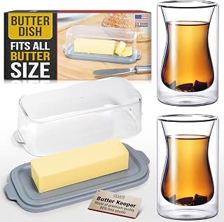 Eparé 6 oz Turkish Clear Glass Tea Cups & Large Butter Dish With Lid For Countertop - Set of 2 Double Wall Clear Glass Coffee Mug & BPA-Free Butter Keeper