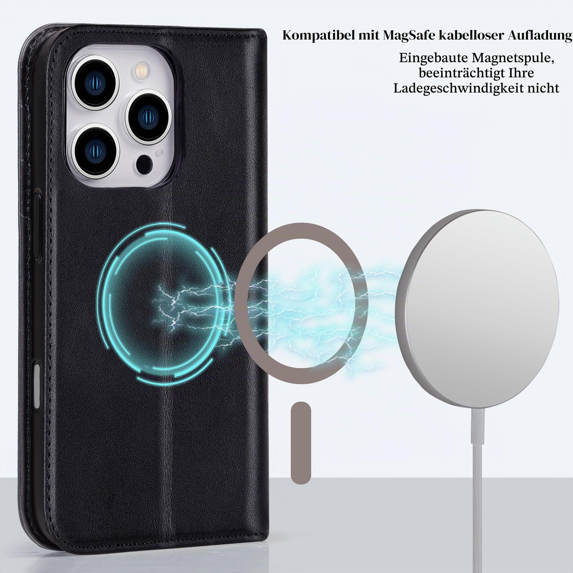 VS VISOUL Hülle für iPhone 16 Pro max,Schutzhülle Echt Leder Schützt vor Stoß Kartenfach Magnetverschluss Stand klappbar handyhülle Handytasche Etui Case für iPhone 16 Pro max Schwarz A