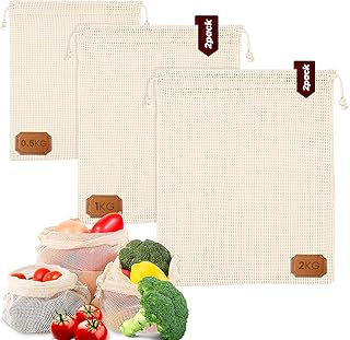 Pack 5 Sacos de Malha de Algodão Orgânico para Cozimento em Panela de Pressão, Reutilizáveis, 2 de 2kg - 2 de 1kg e 1 de 0,5kg, Resistentes ao Calor, Saco para Cozinhar Alimentos, Rede de Cozinha