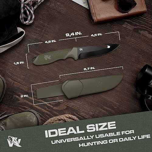 Vista 17 de ODENWOLF HUNTER 2 - Cuchillo táctico para desollar ciervos con gancho intestinal, hoja fija y funda, cuchillo de supervivencia y aderezo de campo