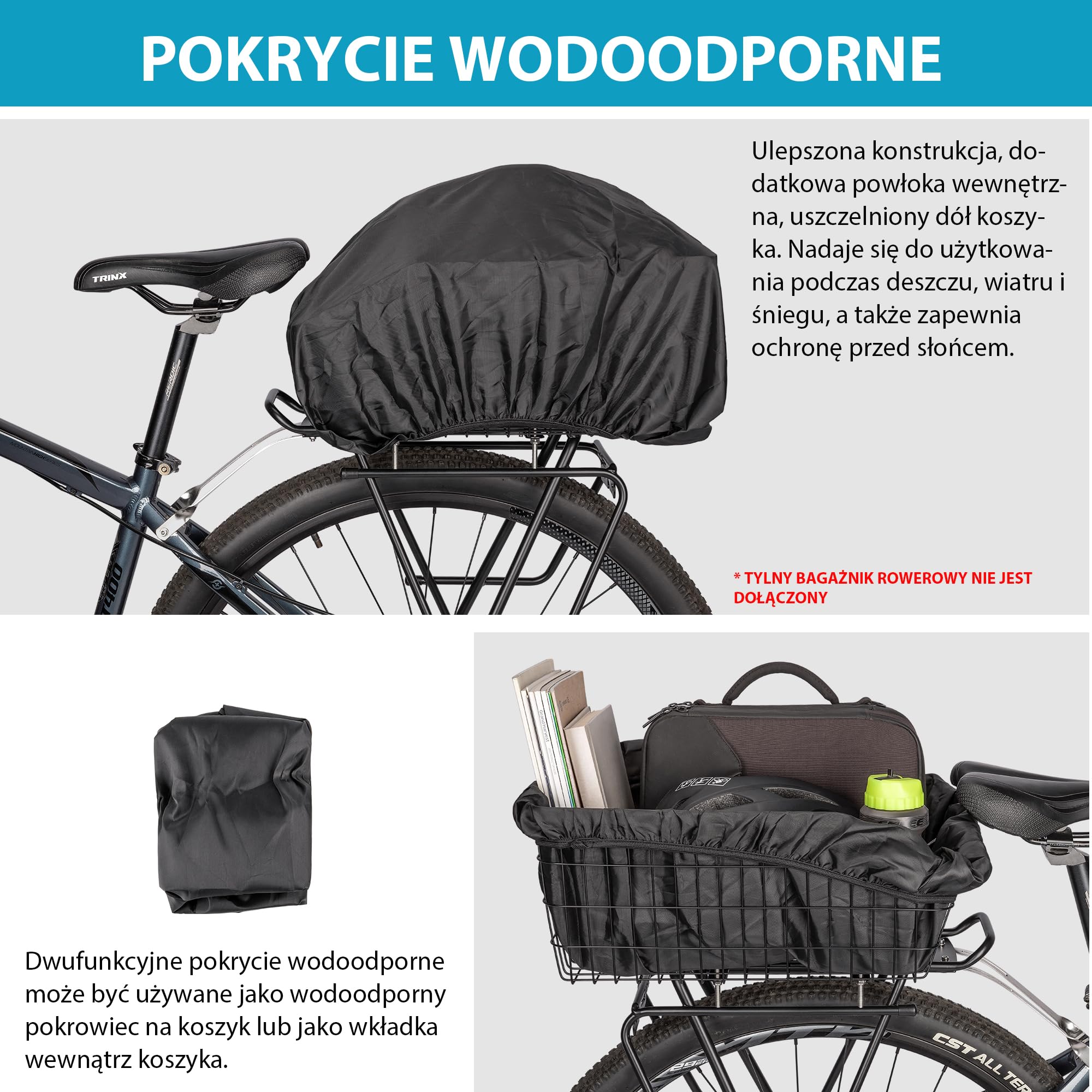 CXWXC Tylny kosz rowerowy – kosz rowerowy z siatką transportową i wodoodporną pokrywą – akcesoria do rowerów elektrycznych, tylne kosze, duża pojemność dla dorosłych