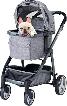 Amazon Space Oft ペットカート ファーストクラス アースグレー 4輪カート 多頭飼い 飛び出し防止リード 2本付き 折り畳み コンパクト 犬 カート ハンドル調節可能 おしゃれな革調ハンドルカバー サイズ 約 外寸 幅58 5 奥84 高110cm フレーム折り畳み時 幅