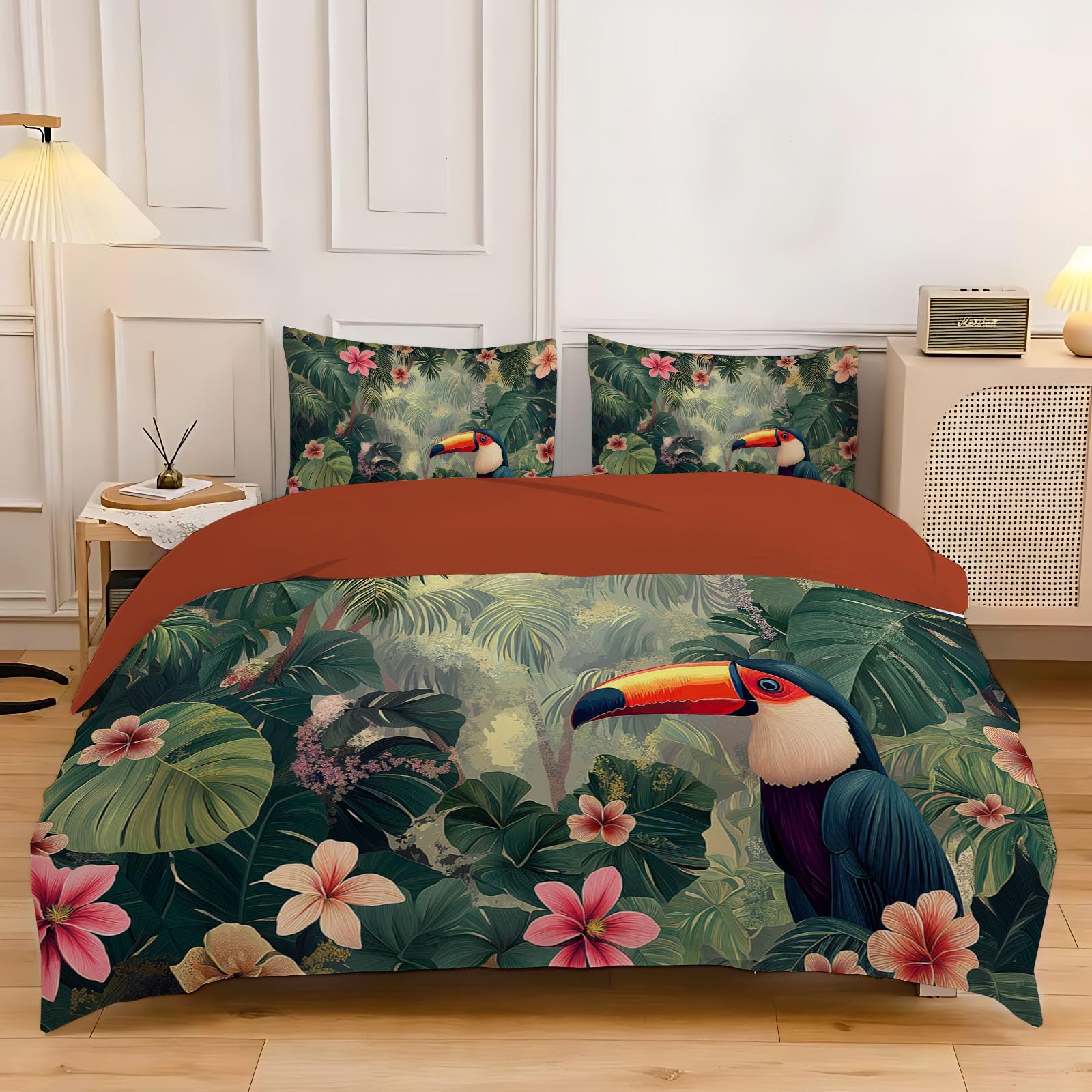 Parure de lit 2 personnes 140x200cm avec housse de couette et taies fleur