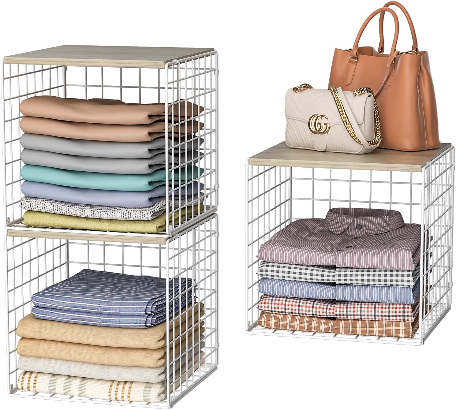 3PCS Stackable Closet Organizers Wood Top Extra Storage Clothes BinCube