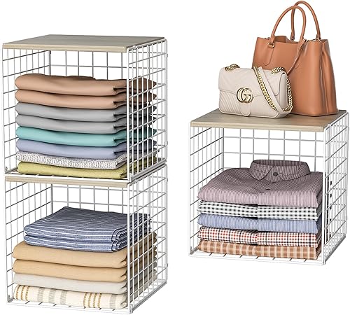 3 organizadores apilables de armario y almacenamiento, estantes de armario con parte superior de madera, almacenamiento extra, organizador de