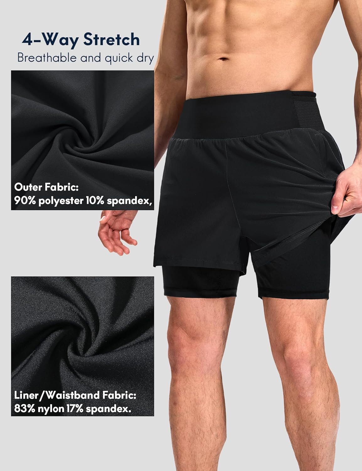 Haimont Men's 2 in 1 Running Shorts with Zipper Pockets Quick Dry Athletic Gym Workout Shorts with Liner - Image 3