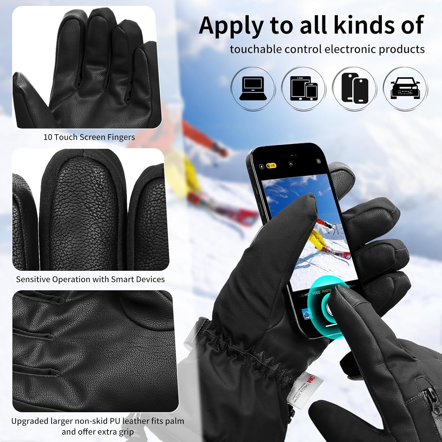 Odtmger Snow Gloves,Touchscreen Ski Mittens,Warm Cold Weather Ski Gloves for Parent Boys Girls - Image 3