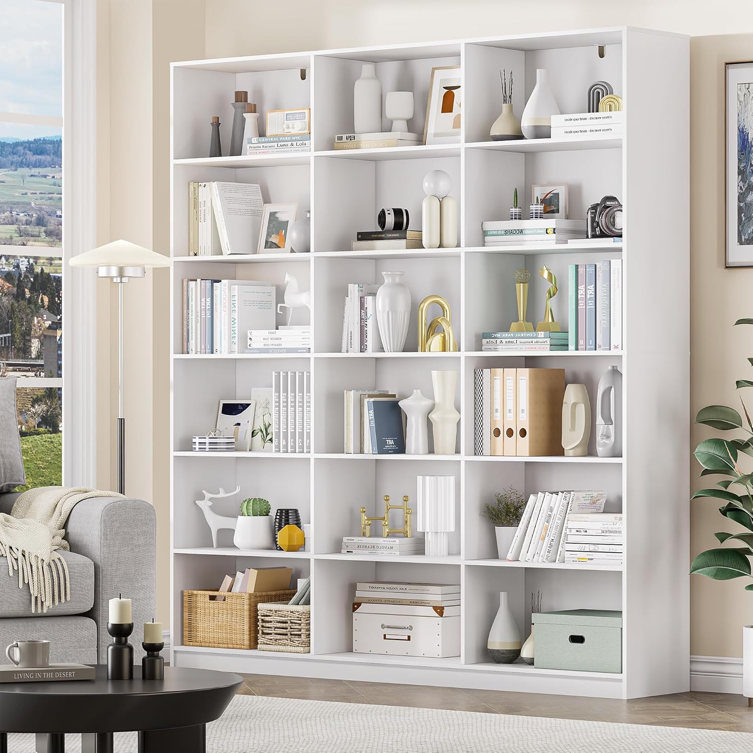 White Bookcase with 18 Display Shelves, Triple Column Book Case, 1PC 6 Tier Large Bookshelf, Freestanding Storage Shelf for Bedroom Living Room Home Office