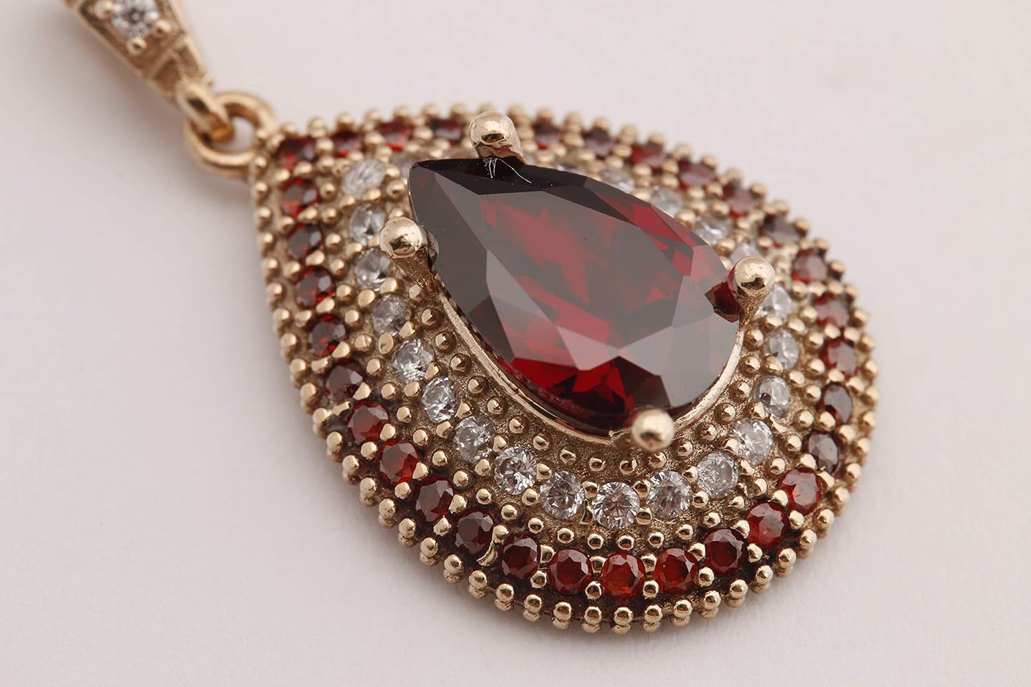 Turkish Handmade Jewelry Small Drop Shape Pear Cut Red Ruby and Round Cut Topaz 925 Sterling Silver Pendant