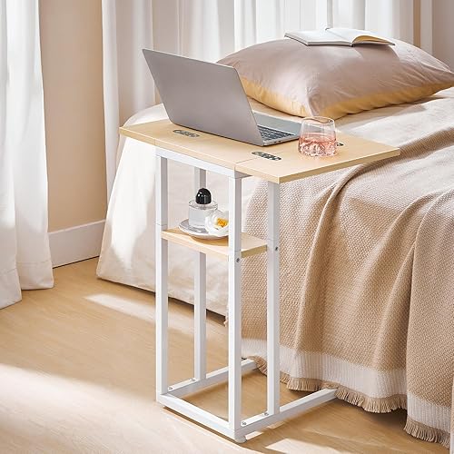 Miniatura 23 de HOOBRO Mesa auxiliar plegable, mesa auxiliar en forma de C con estante de almacenamiento, pequeña mesa de aperitivos adecuada para sala de estar,