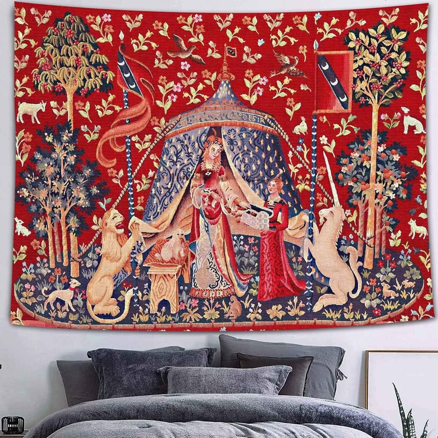 Medieval Maiden Tapestry European Royal Princess Tapestry Bohemian Mandala Tapestry, 60x40 Inches Soft Flannelette, Lady and Unicorn for Living Room Bedroom Dorm(#1,100x90inch)