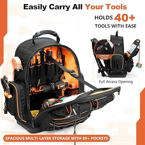 Miniatura 4 de Mochila de herramientas resistente con 89 bolsillos, compartimento para laptop y cerradura de combinación, mochila impermeable para electricista,