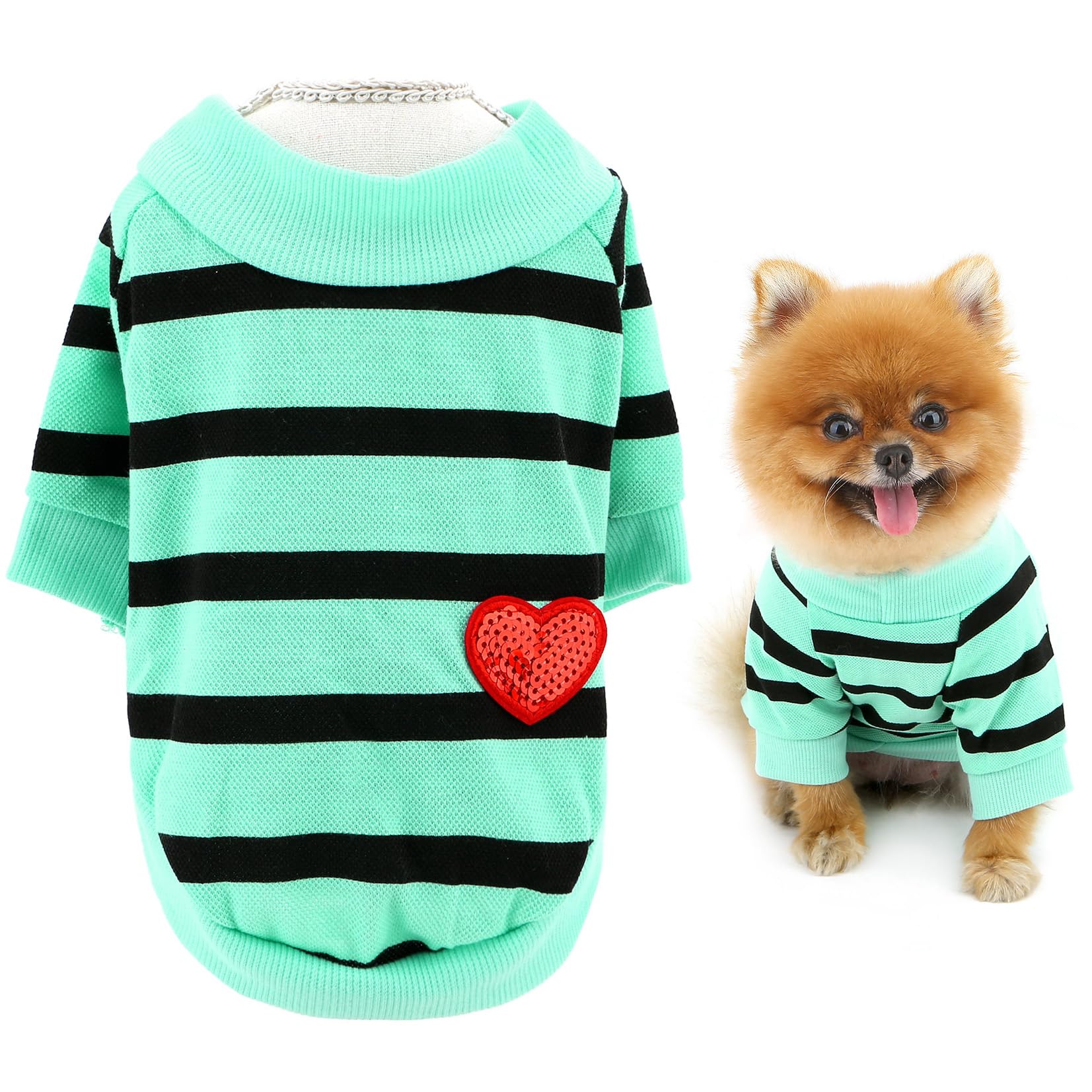 SMALLLEE_LUCKY_STORE Pet Summer Clothes Striped Shirt Top Puppy T-Shirt Tee for Small Medium Dog Cat with Bling Red Heart Yorkie Chihuahua Apparel Mint Blue M