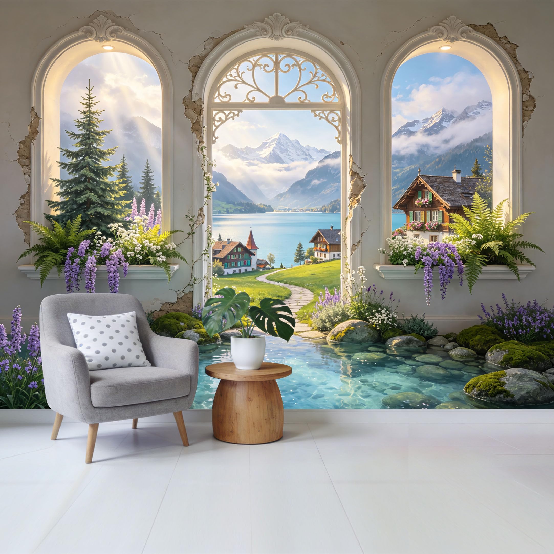 Custom Size Wall Mural Mountain Lake View Cottage Path Landscape Removable Self Adhesive Fabric Home Wall Decor for Living Room Bedroom Bathroom