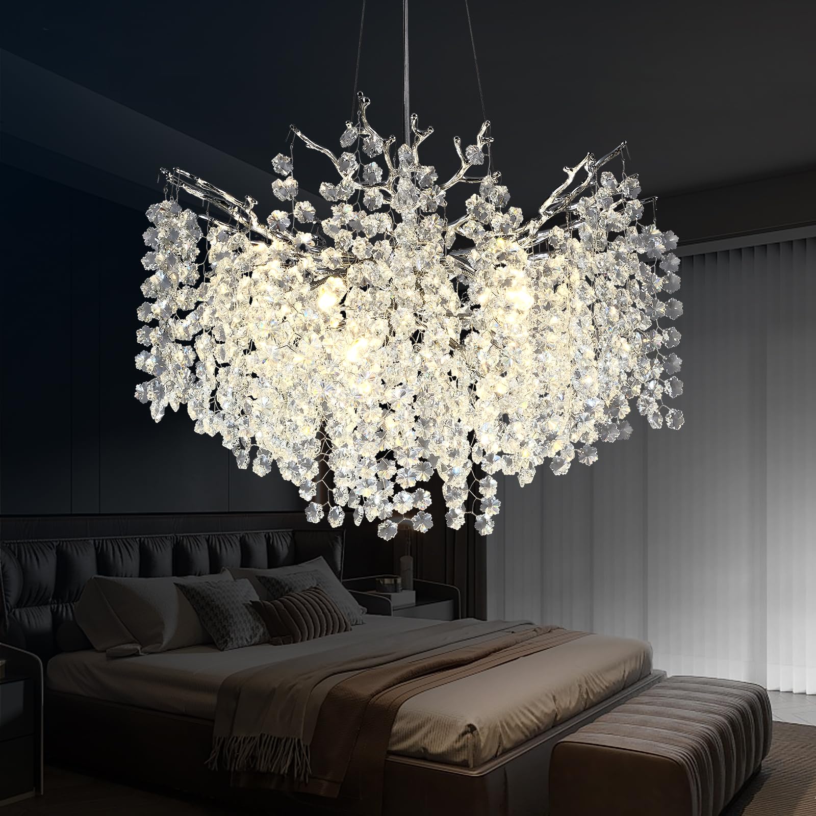 Small Silver Crystal Chandelier Light Fixture for Bathroom Bedeoom, Tree Branch Round Modern Snowflake Chandelier for Living Dining Room Foyer Corridor L30in