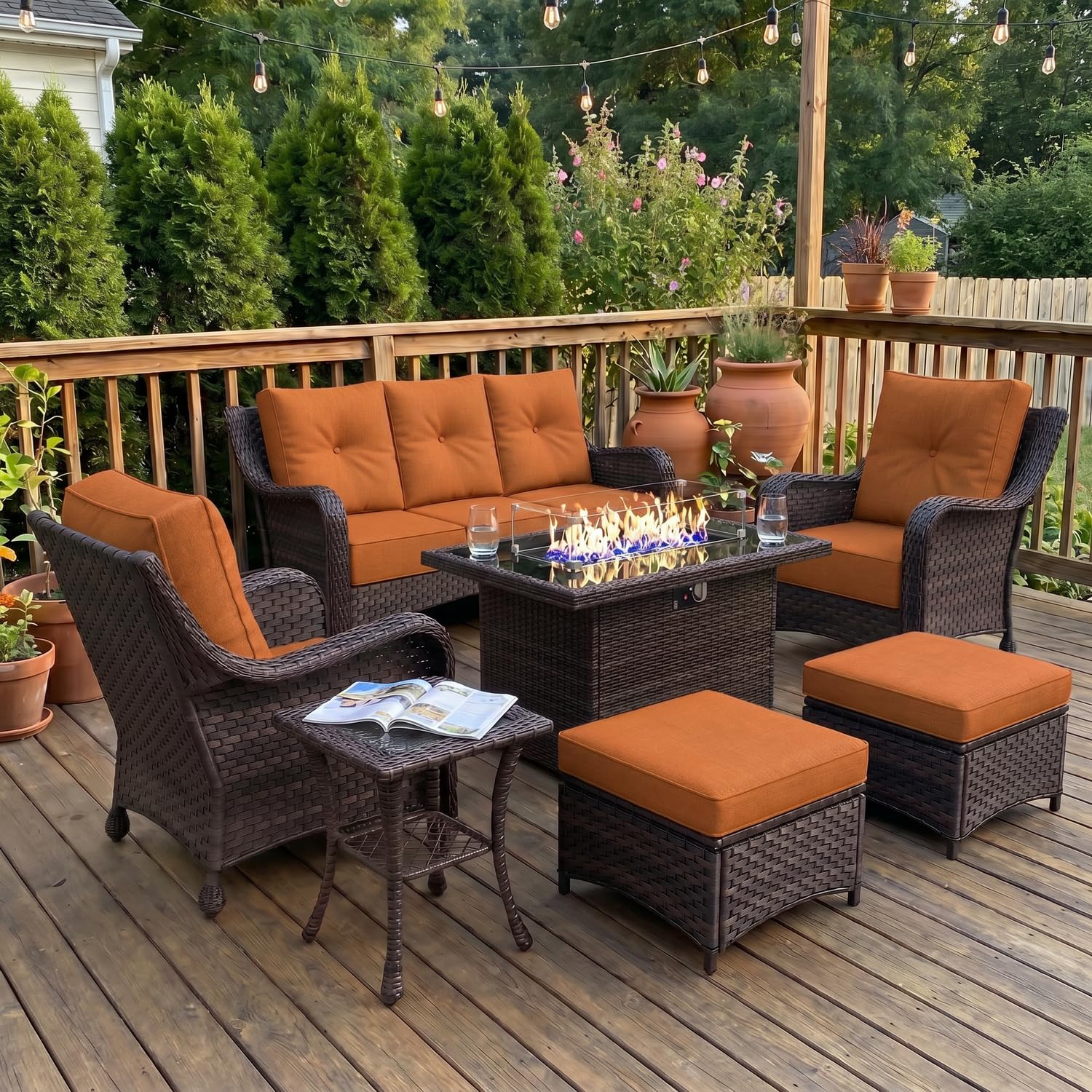 LayinSun 7 Piece Wicker Outdoor Furniture Set with 6-inch Comfy Cushions