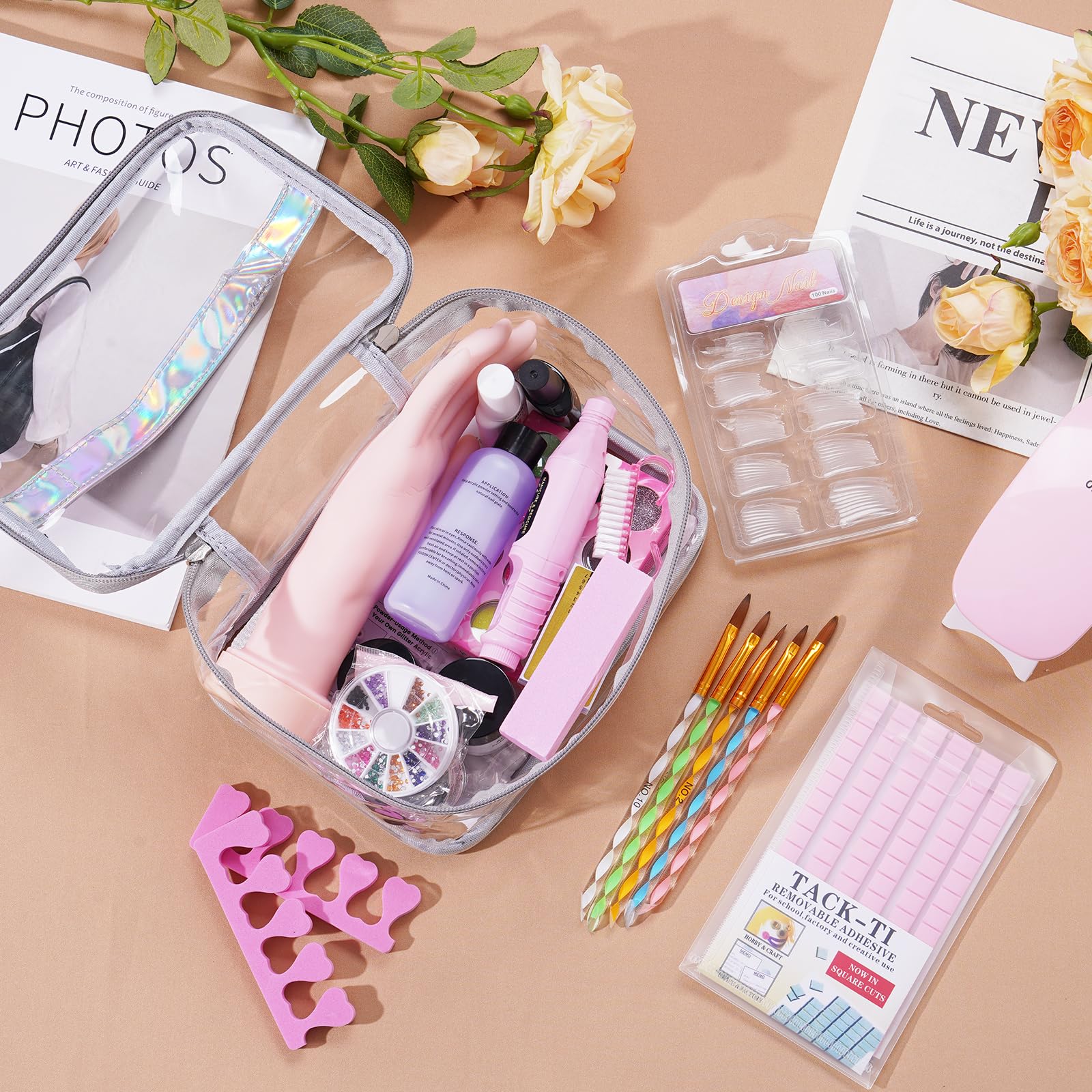 Yokilly Kit Uñas Acrilicas Completo: Acrilico Para Uñas con UV Lámpara ,Mano Para Practicar,Limador De Uñas Electrico - Kit Uñas Semipermanentes Gel Polvo Acrilico Para Uñas con Bolsa Rosa (Plateado)