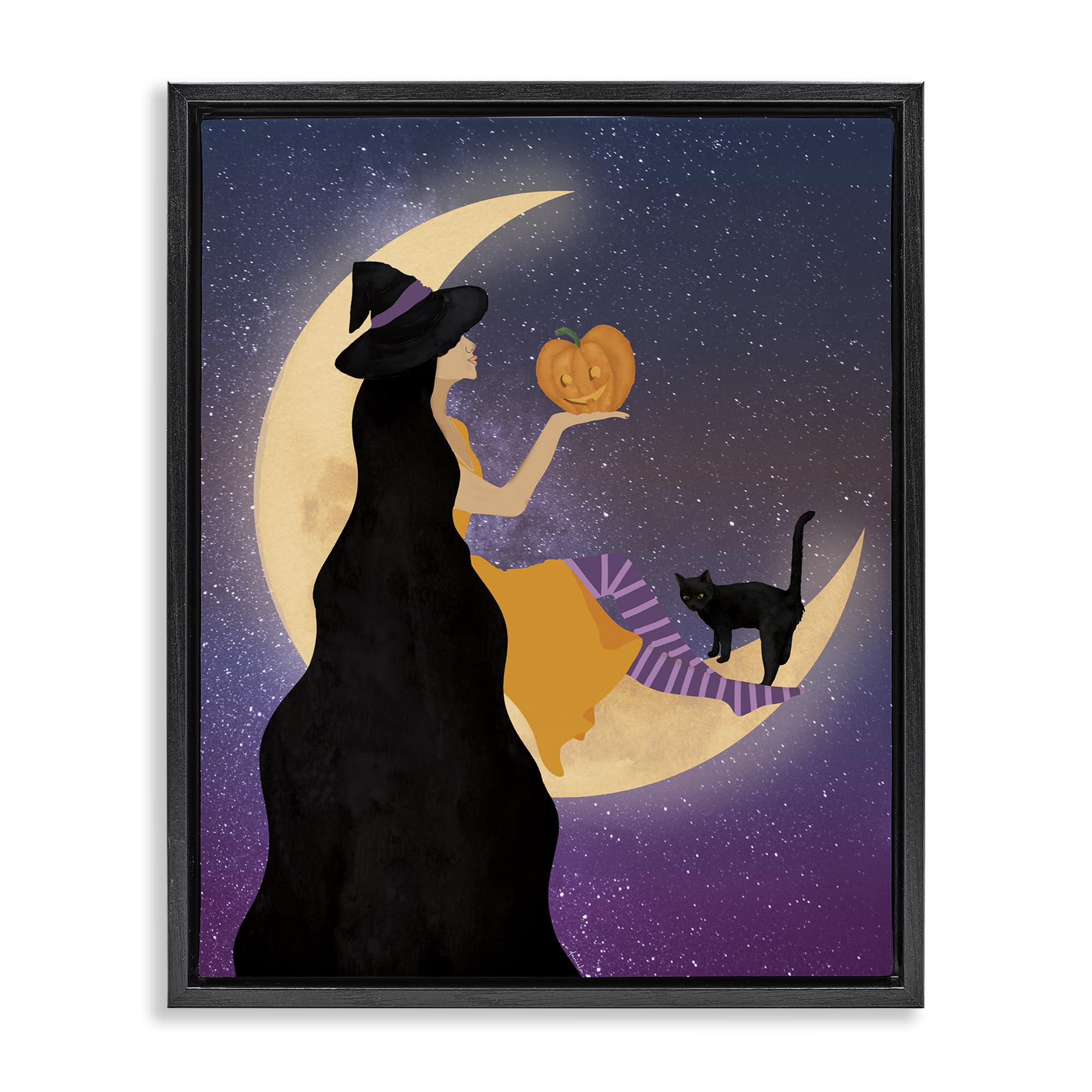 Stupell Industries Jet Black (Matte) 'Moonlit Witch Holding Jack-O-Lantern', Floating Frame Canvas Art, Black, 25 X 31 Inches, Easy To Hang And Sturdy, Made In Usa, By Daniela Santiago