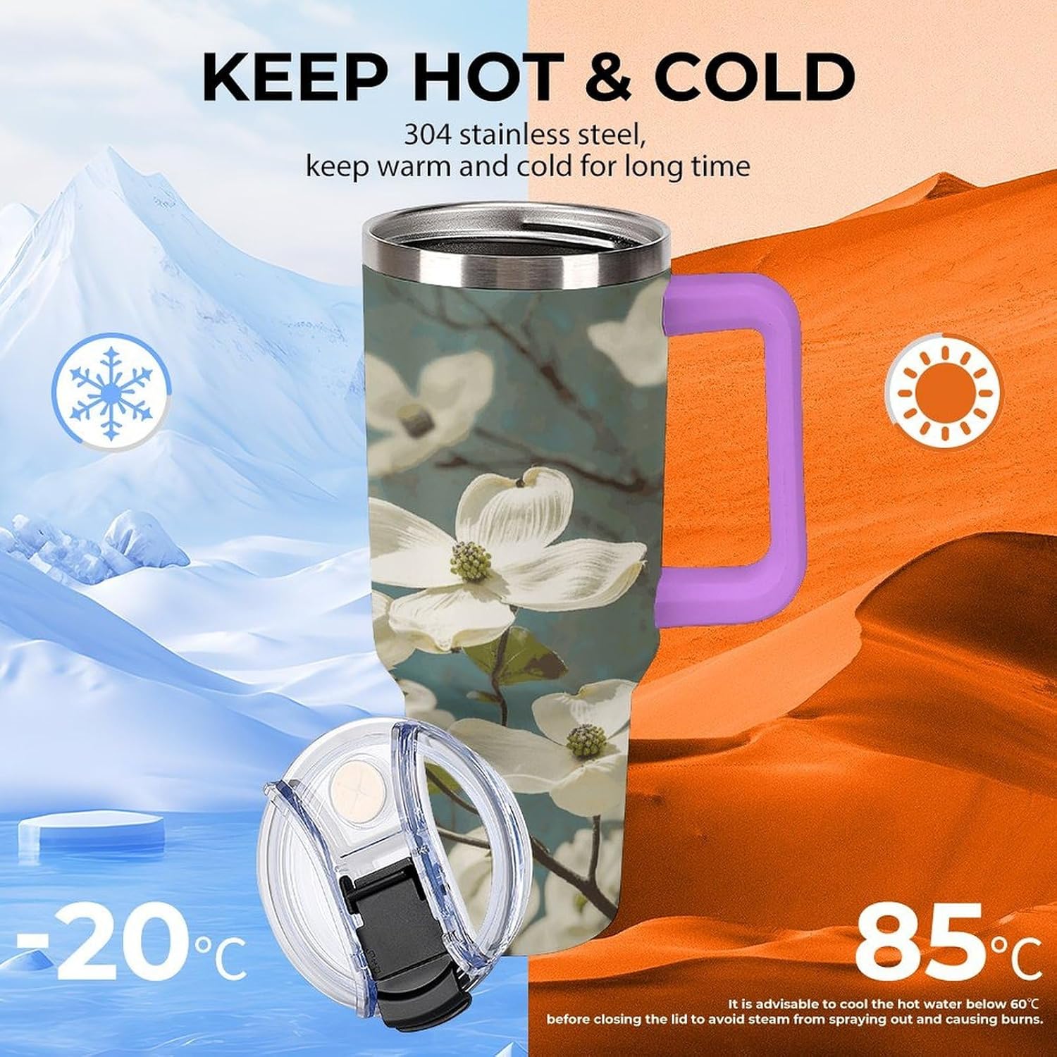 Spring Dogwood Blossoms Travel Coffee Mug Reusable Durable Stainless Steel Insulated Tumbler with Handle And Straw Leak Resistant Portable Thermal Cup Gifts for Men Women 40 Oz