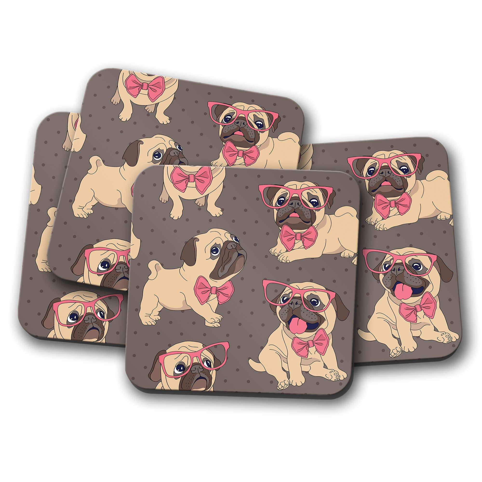 4 Set - Cute Pug Dog Coaster - Pink Glasses Puppy Mum Sister Auntie Gift #13225 โ image 1