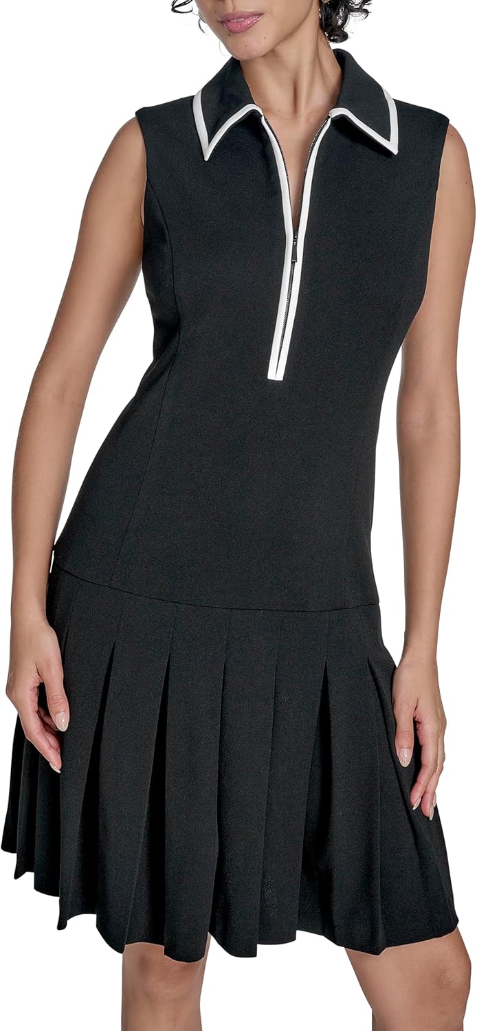 Calvin Klein Womens Sleeveless Contrast Piping Collared Mini Tennis Dress