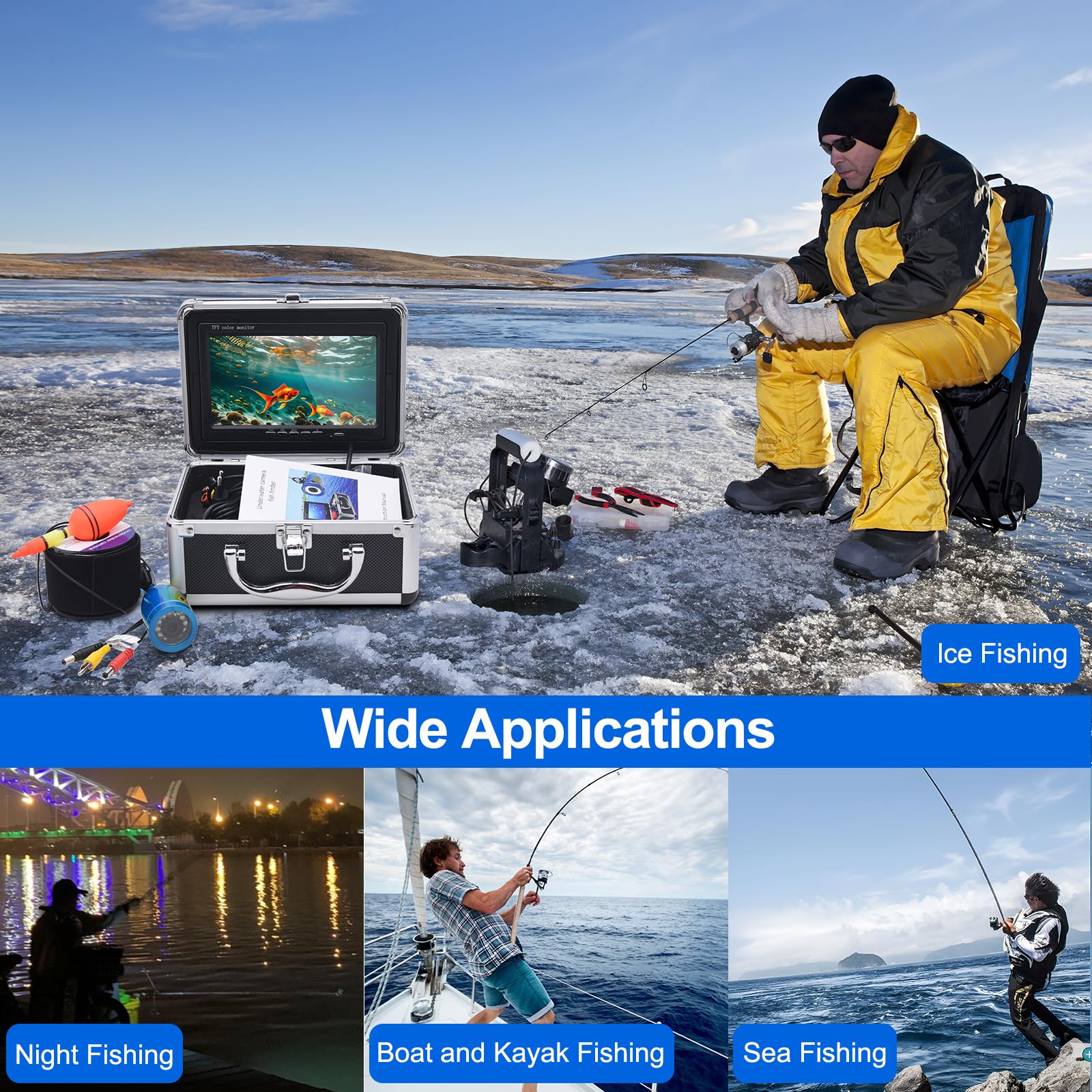 Kaolali - Cámara de pesca submarina, 7 pulgadas, cámara de detector de peces, pantalla LCD HD 1080p, cámara subacuática, resistente al agua, para pesca en hielo, lago y barco cable 15/30/50 m