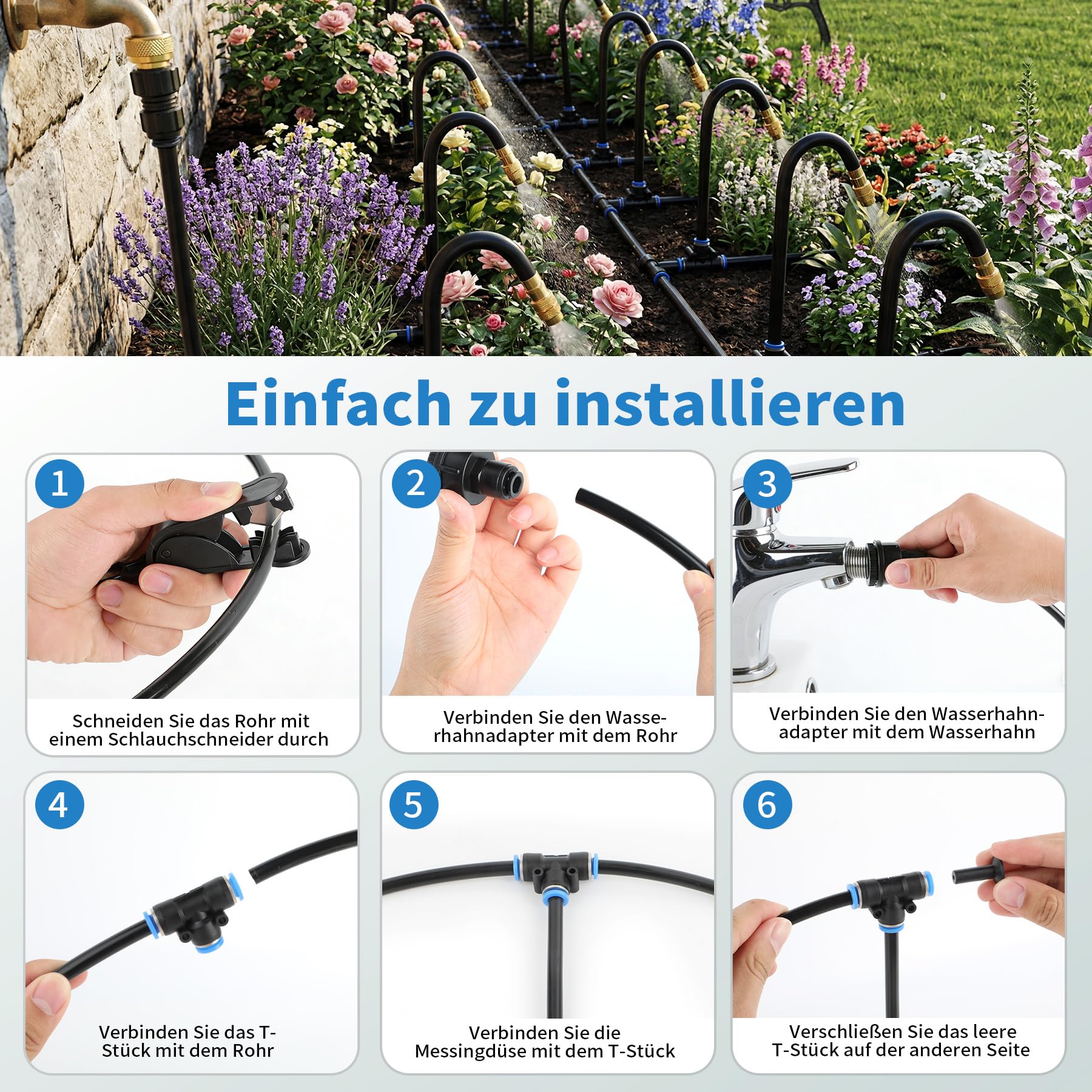 Bewässerungssystem Garten, 360° Curved Garden Automatic Irrigation System, 15M PE Pneumatik Schlauch Kit für Bewässerungssysteme, Flower Bed und Terrasse Pflanzen