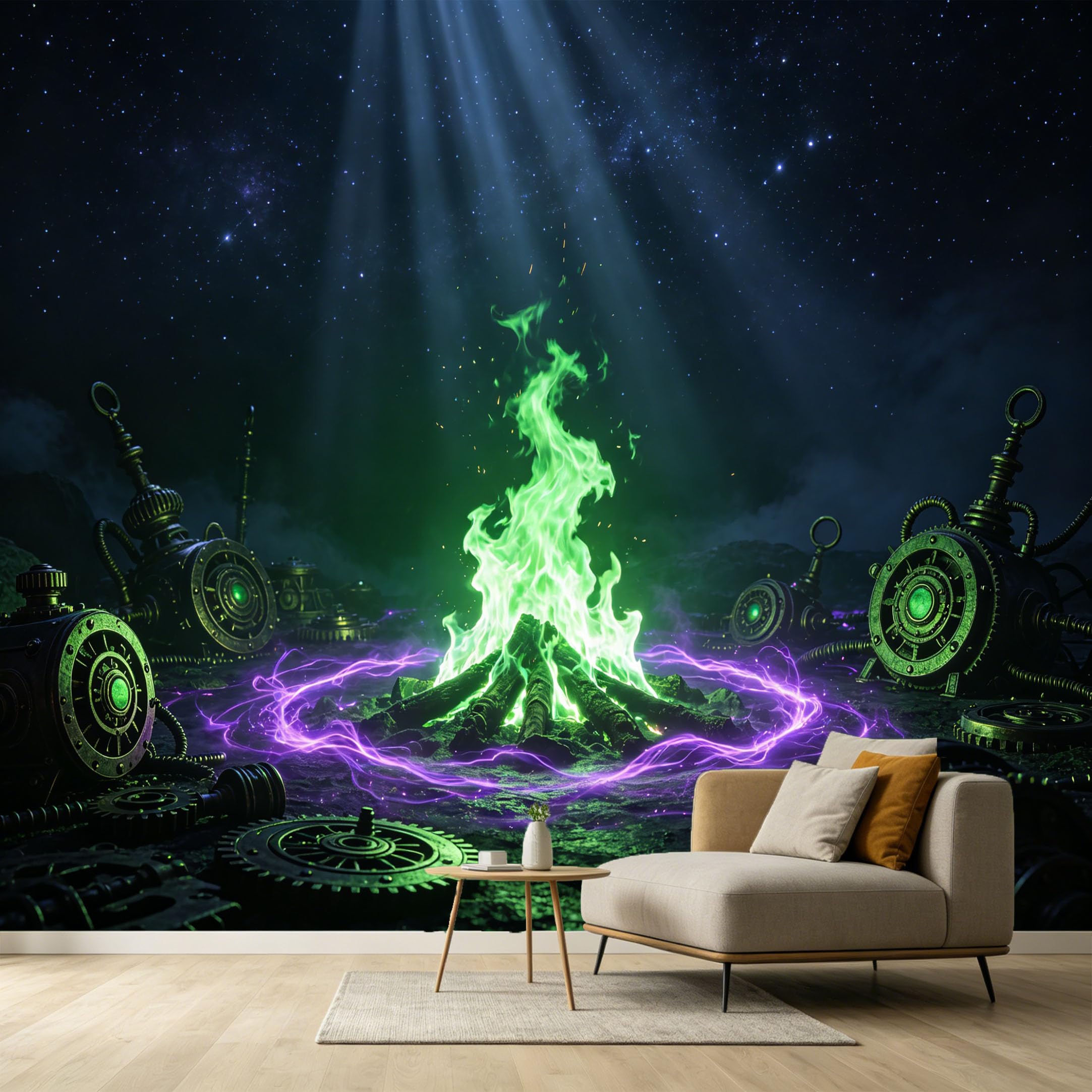 Custom Size Wall Murals Steampunk Bonfire Neon Light Industrial Gears Night Sky Starry Void SelfAdhesive Wall Fabric Removable Large Wallpaper for Photo Living Room