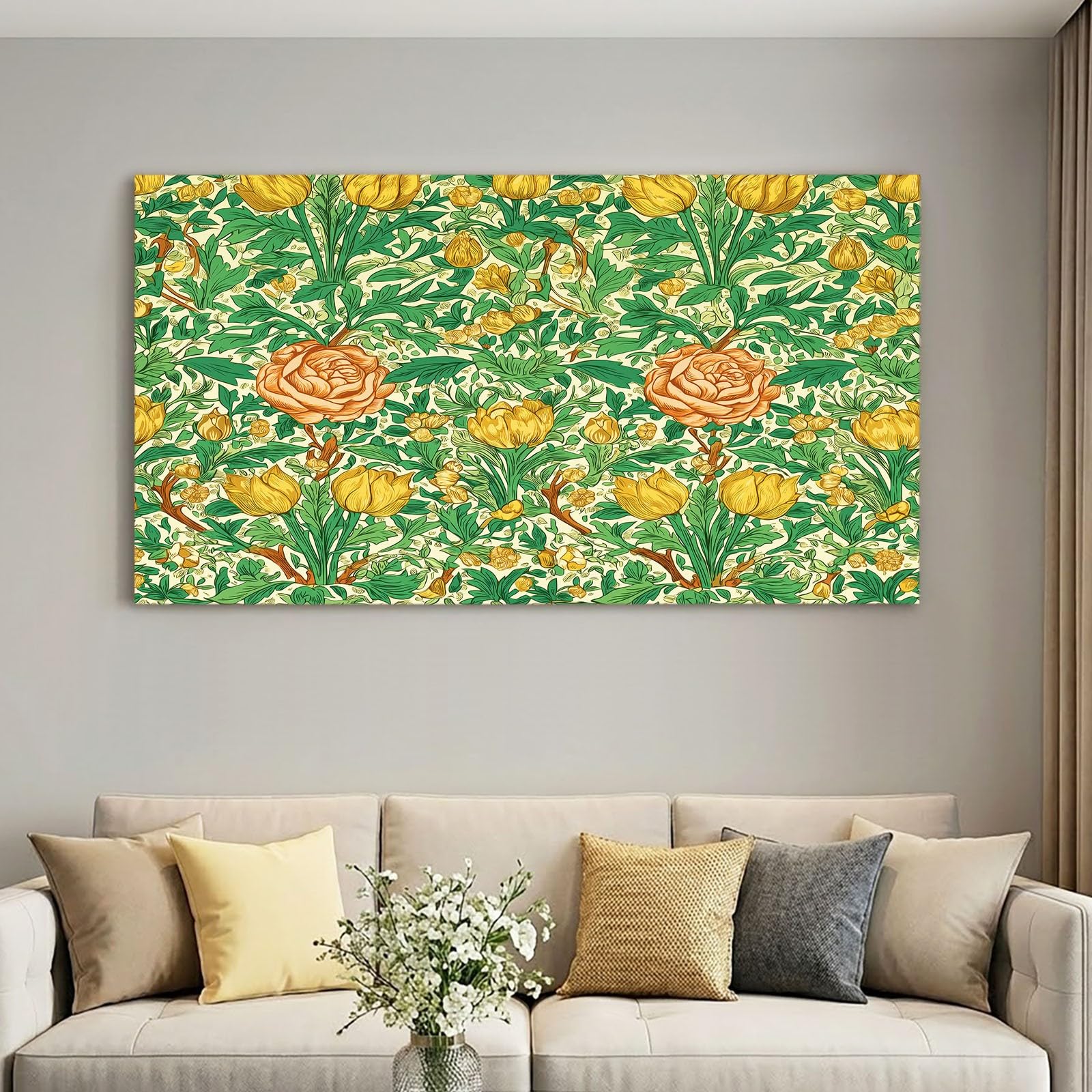 Sztuka ścienna 140 x 70 cm wydruki na płótnie retro - wodoodporny plakat zielone kwiatowe róże liście, obraz do salonu, sypialni, biura, kuchni, wystrój domu