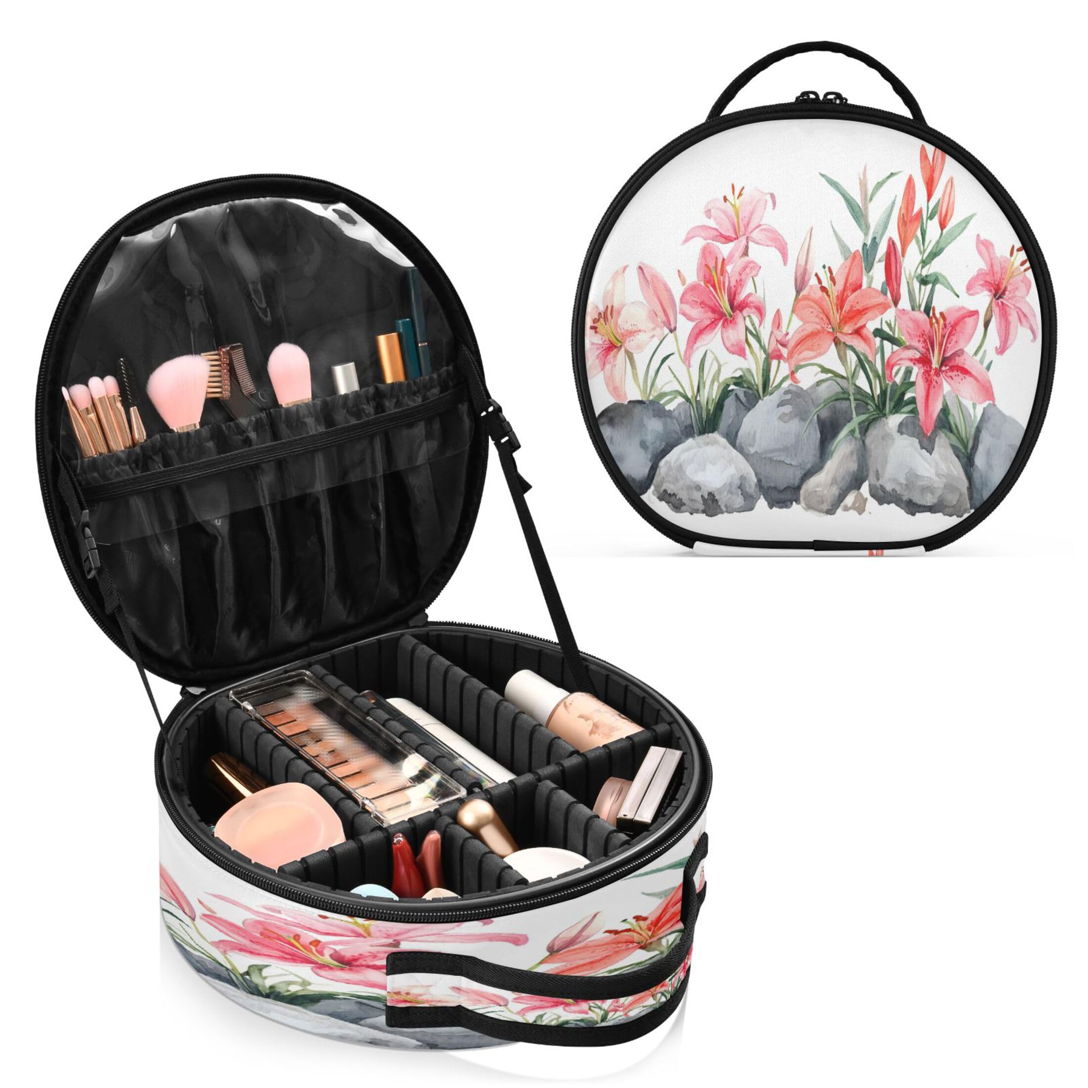 Takiito Lilies Growing in Rocks Travel Makeup Case Portable Makeup Box Artist Cosmetic Case Organizer With Adjustable Dividers
