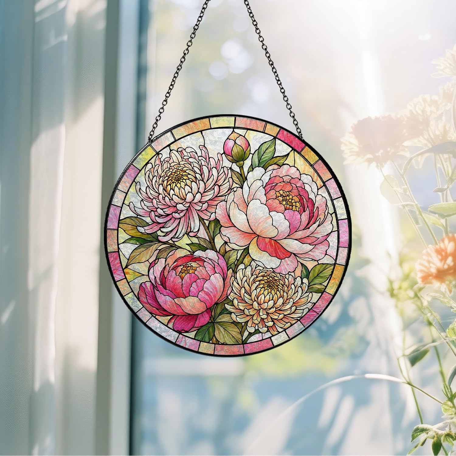 November Birth Flower Stained Glass Suncatcher Window Hanging, Peony and Chrysanthemum Sun Catcher, Birthday Gift for Women Mom Grandma, Floral Window Decor, 7.87 Inch