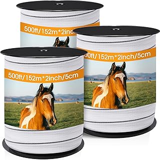 2 Inch x 1500ft/ 457m Electric Fence Tapes with High Visibility 3 Rolls Each 500ft Electric Horse Fence Kit for Horse Livestock