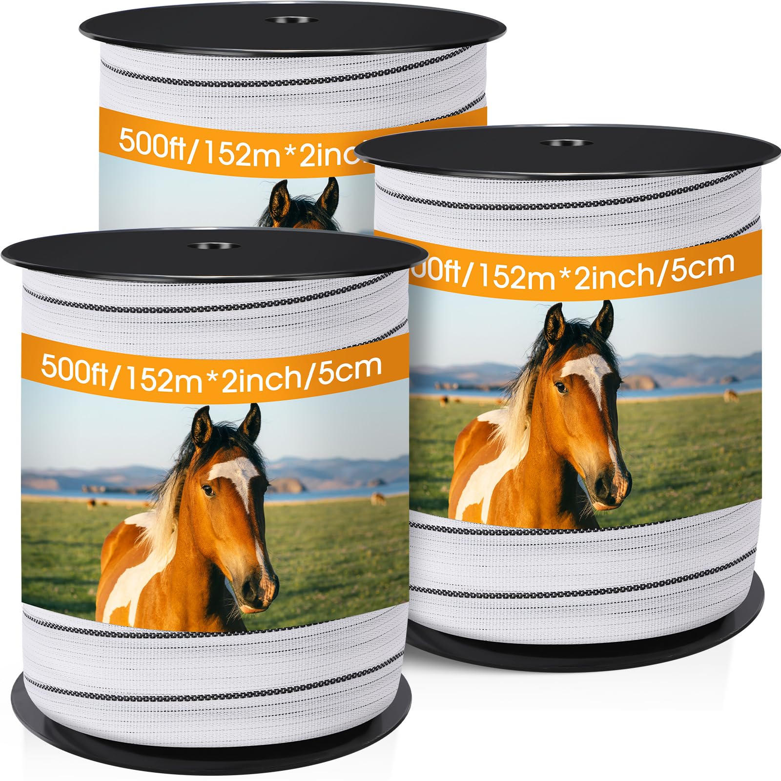 2 Inch x 1500ft/ 457m Electric Fence Tapes Horse Fence with High Visibility 3 Rolls Each 500ft Electric Fence Kit for Horse Fence Livestock