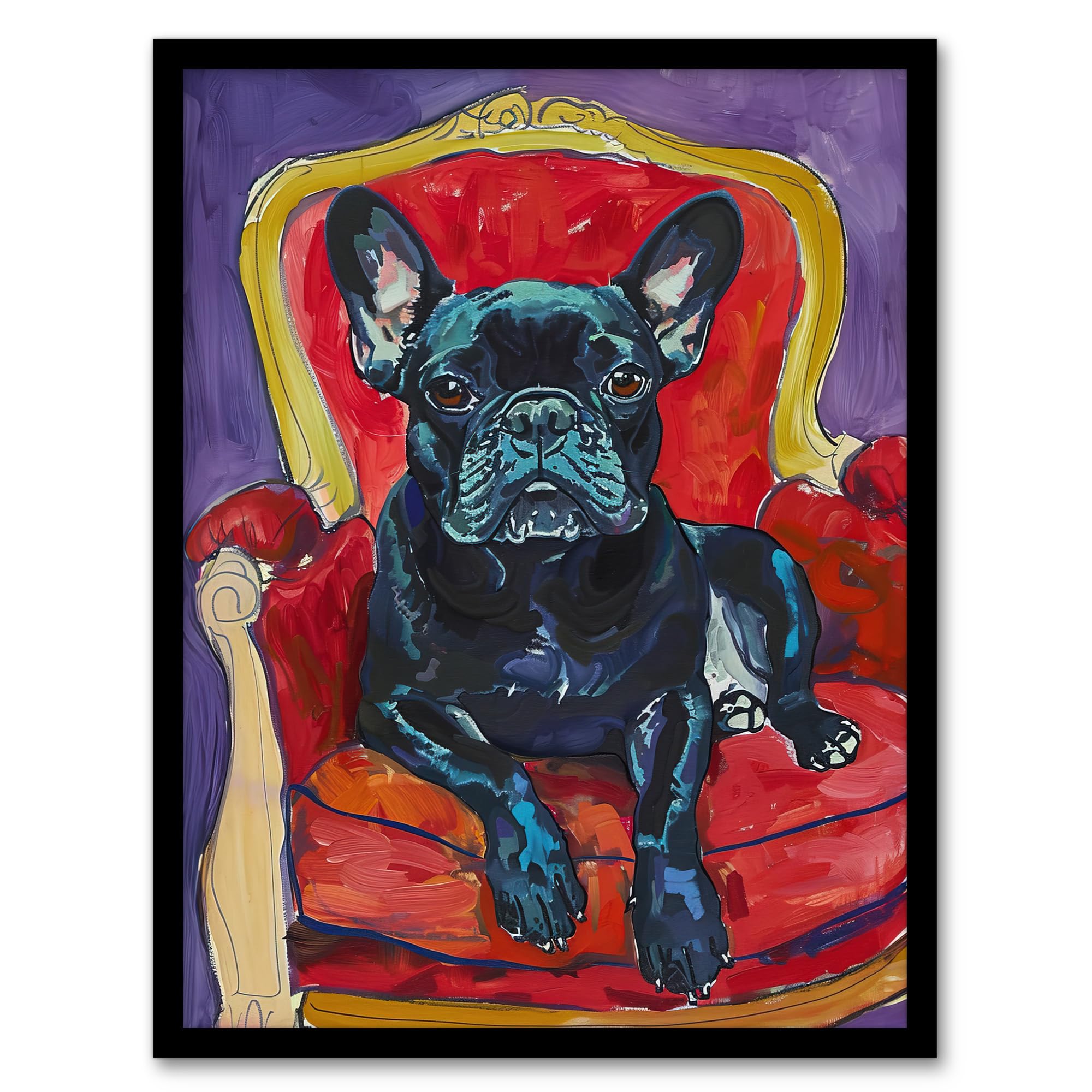 Artery8 Dog Lover French Bulldog on Red Armchair Living Room Artwork Framed Wall Art Print A4