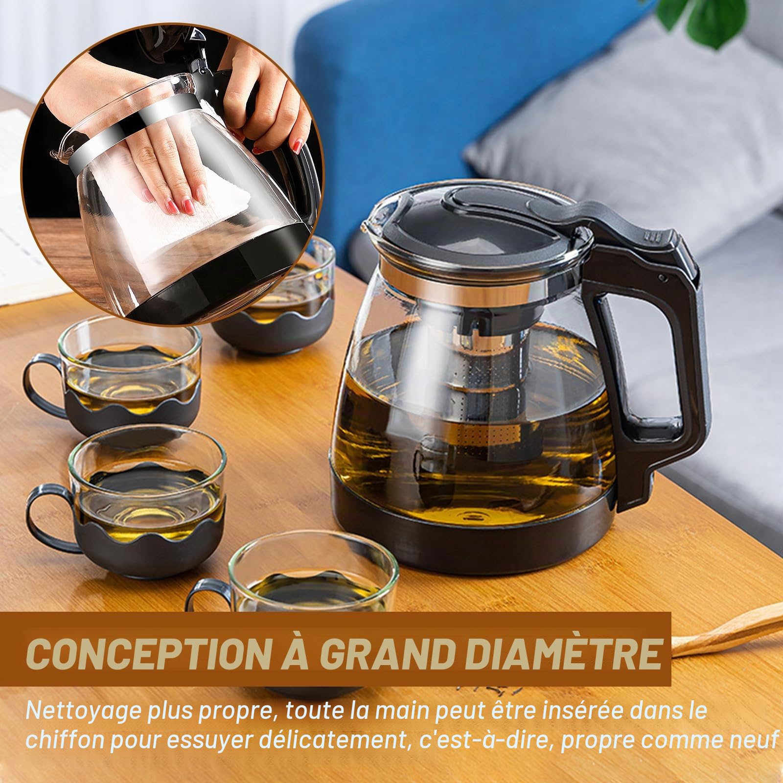 Théière en verre : WEGREAT Théière 2 l avec infuseur, théière en verre avec tamis résistant à la chaleur, nettoyage facile, convient pour infuser du thé, du thé aux fleurs, des tisanes et des sachets