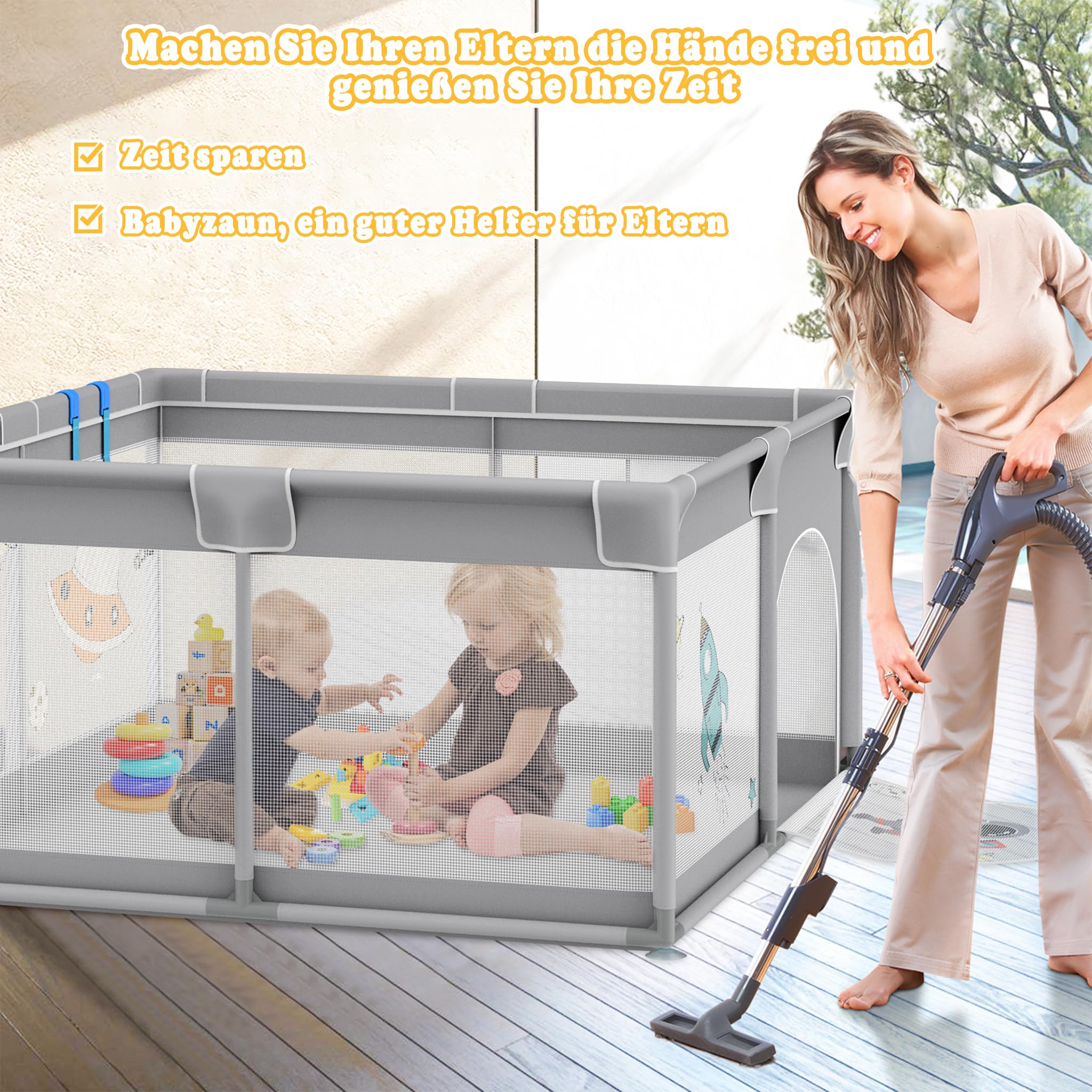 UISEBRT Laufstall Baby 127x127cmLaufgitter für Baby mit 50 Ocean Bällen & 4 Zugringen & Tragetasche, Faltbar Laufgitterzelt mit Atmungsaktivem Netz für Kinder, Grau mit Astronautenmotiven