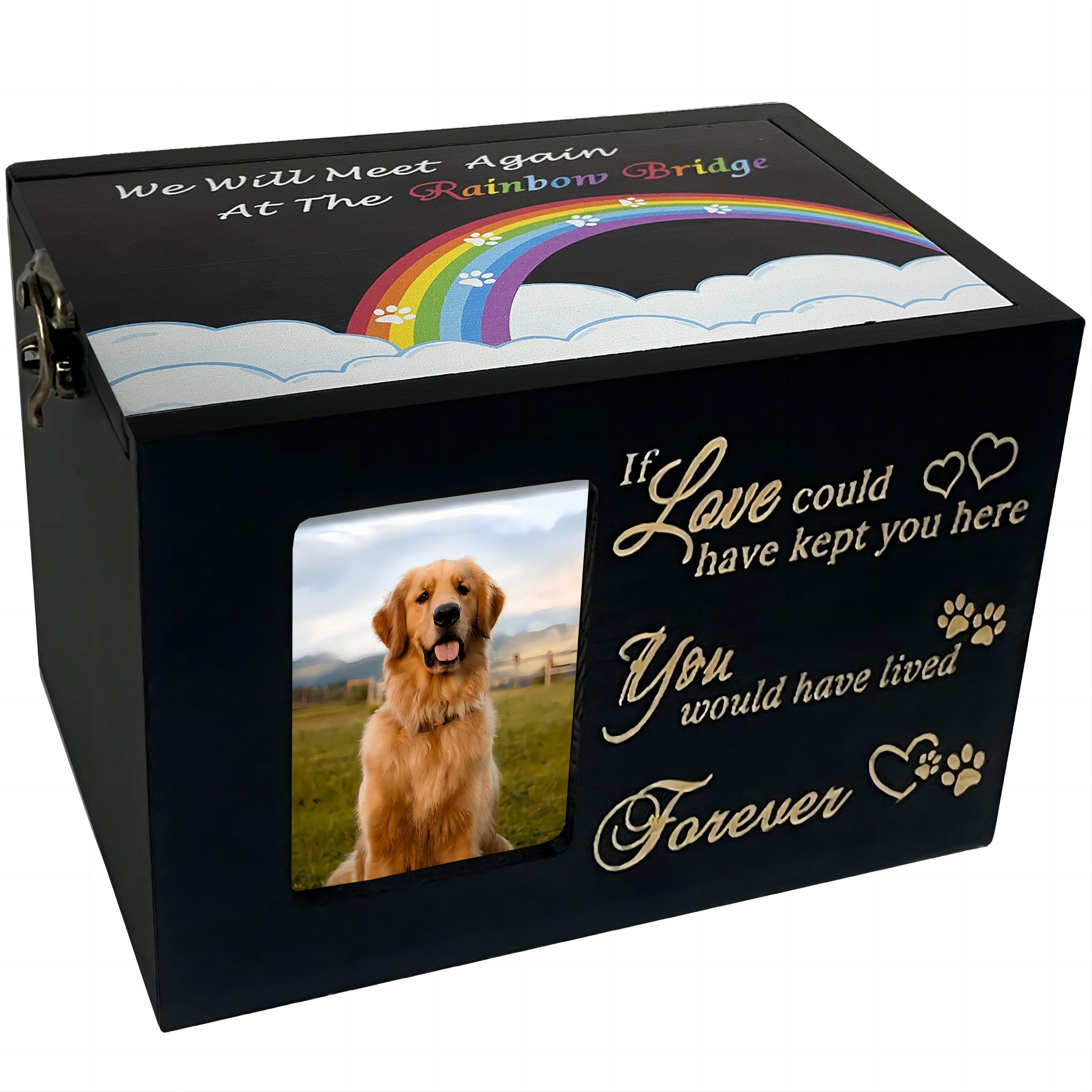 Sofunii Pet Urns for Dogs or Cats Ashes,Medium Wooden Funeral Cremation Memorial Box with Photo Frame,Rainbow Bridge Keepsake with Black Flannel as Lining,Loss Pet Memorial Remembrance Gift