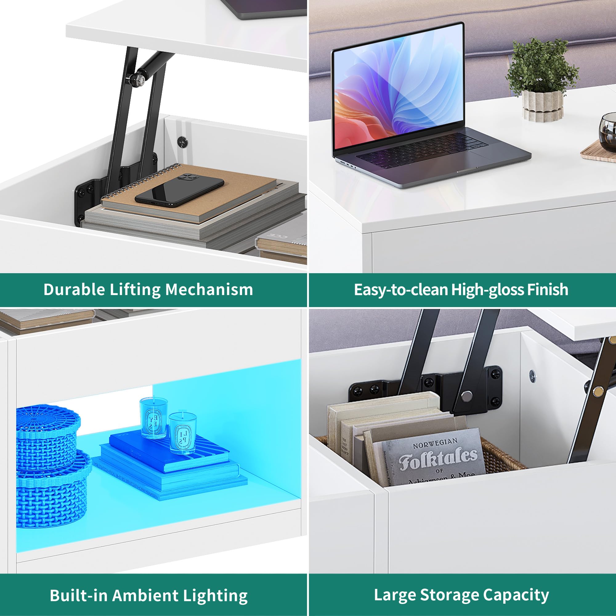 YITAHOME Salontafel met in hoogte verstelbare plaat, koffietafel, uittrekbaar, verborgen opbergruimte, woonkamertafel, bijzettafel voor woonkamer, kantoor, met stekkerdoos en led-lichtbalk