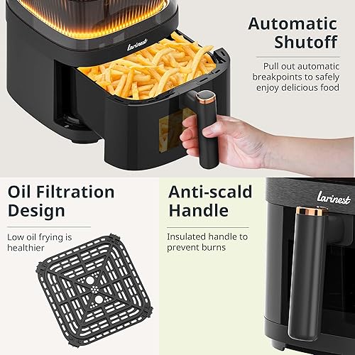 Miniatura 7 de Larinest Freidora de aire de 5.3 cuartos de galón, freidora de aire de tamaño familiar, atomizador de agua, 10 ajustes preestablecidos de cocción