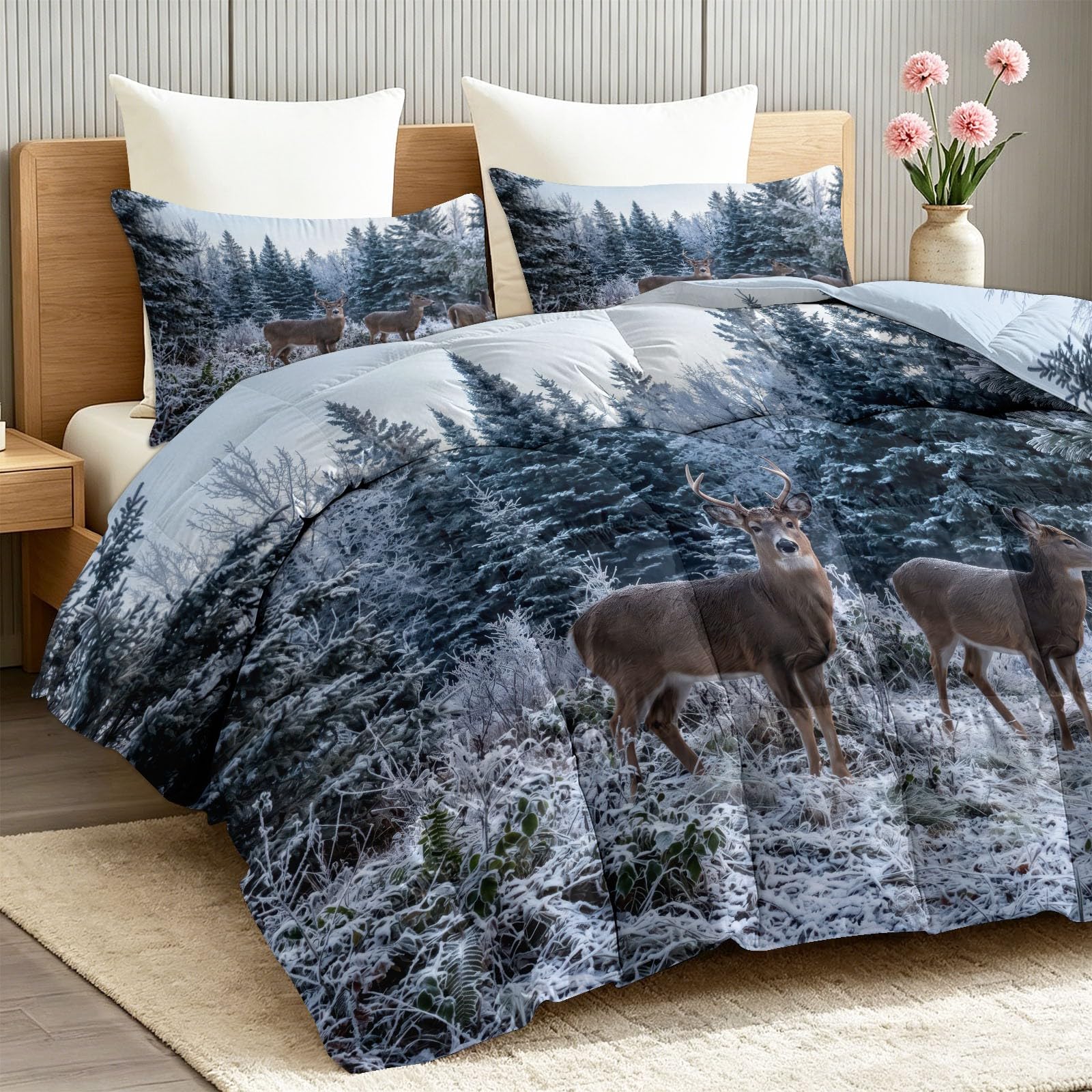 Edredón sin funda de edredón individual de 4,5 tog, 135 x 200 cm, acolchado natural de verano, rebaño de ciervos y paisaje de invierno, manta reversible de paisaje de animales para habitación de