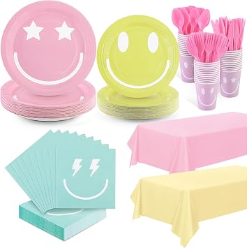 durony 254 Pieces Preppy Smile Face Party Decorations Pastel Smiley Paper Plates Napkins Cups Forks Knives Spoons Tablecloths for Preppy Pastel Birthday Party Decorations, Serve 36 Guest